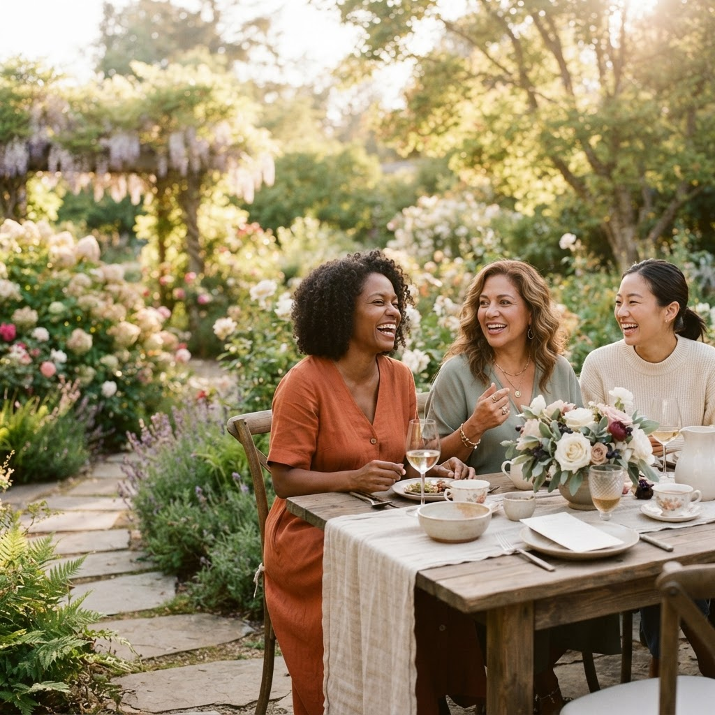 Concept image of women talking warmly at a garden table