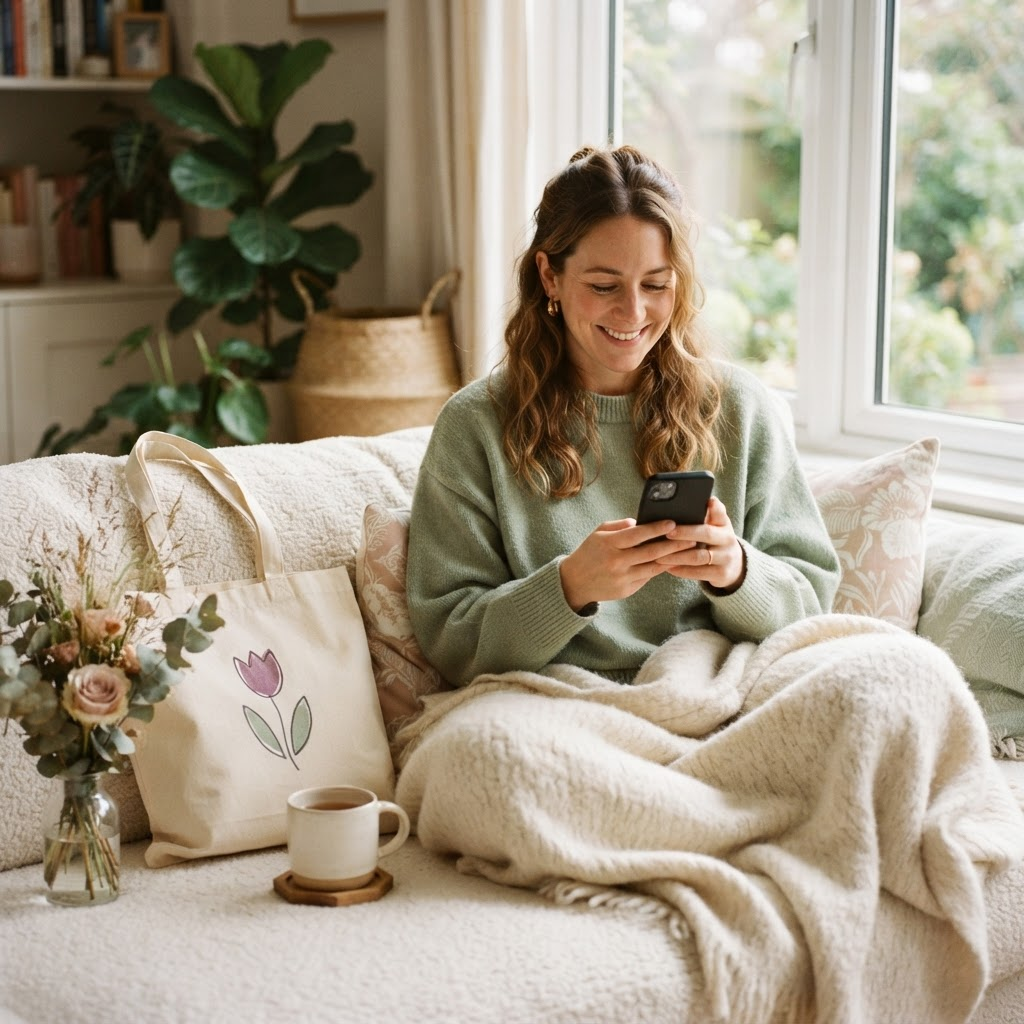 Concept image of a woman reading foundation updates at home