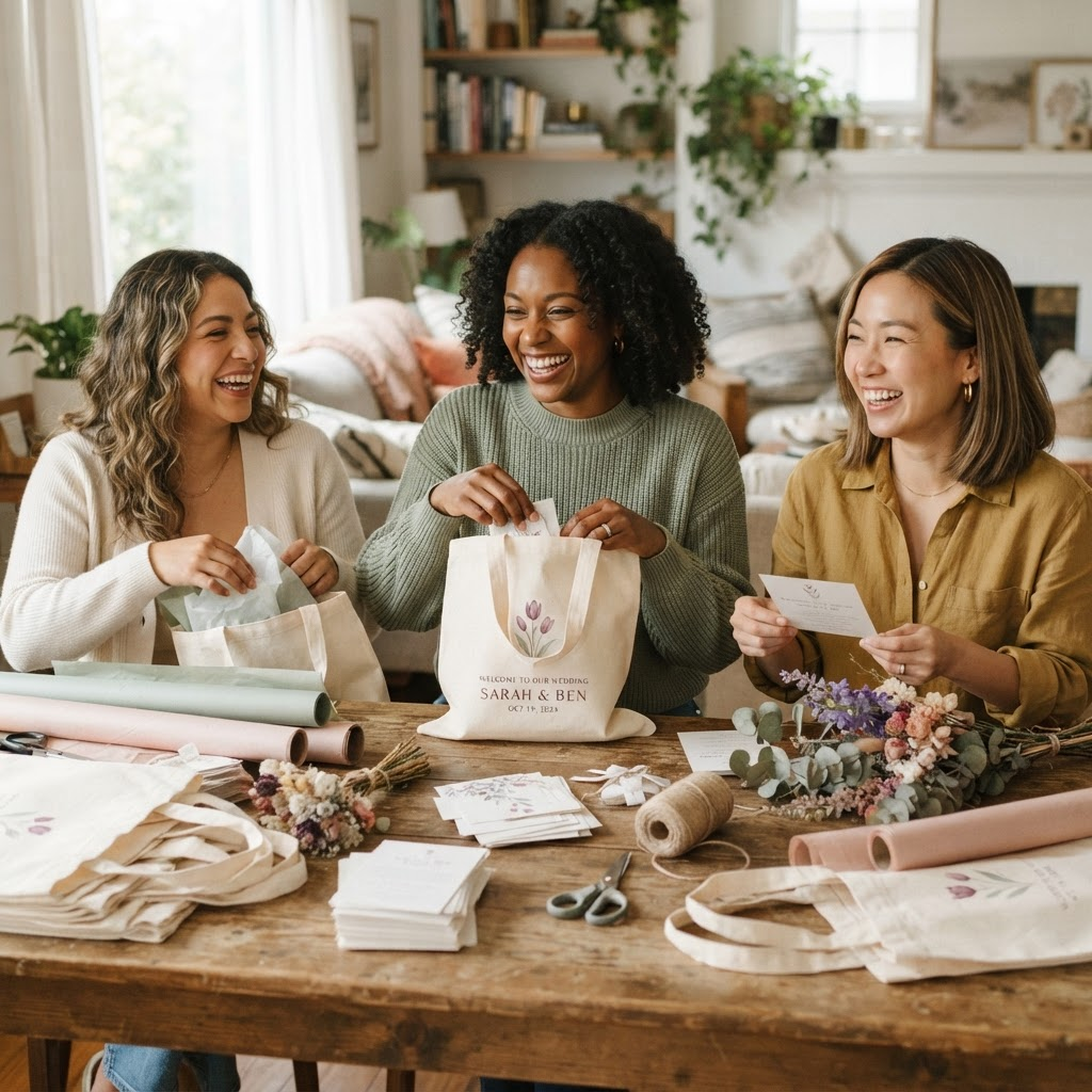 Concept image of women preparing Tuly welcome bags around a table.