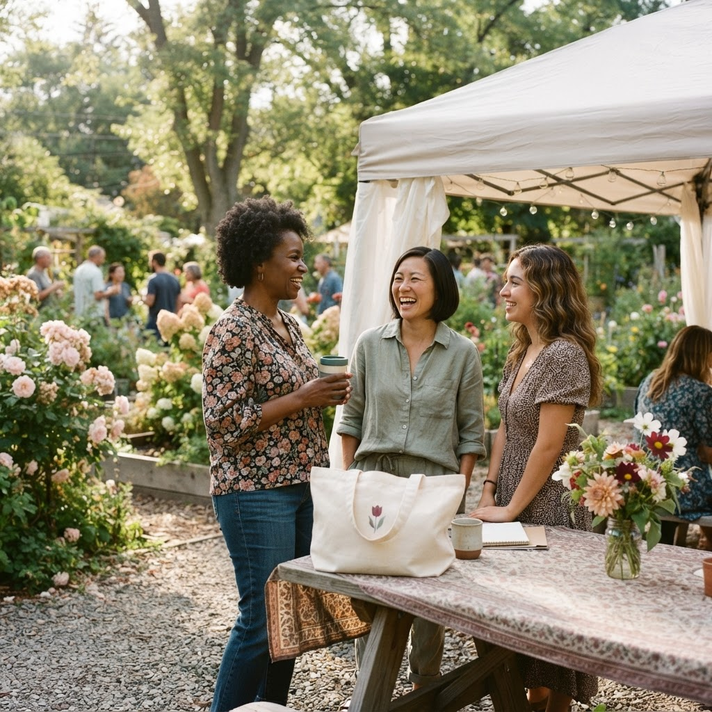 Concept image of women talking beside a Tuly canopy at an outdoor gathering