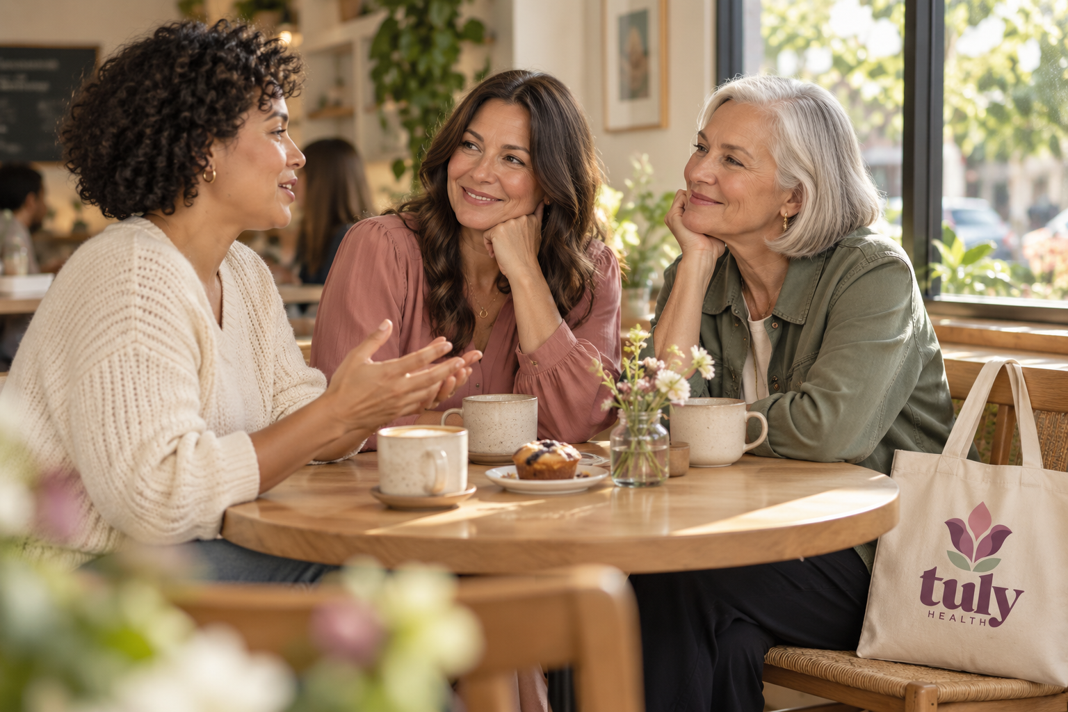 Concept image of three women talking over coffee.