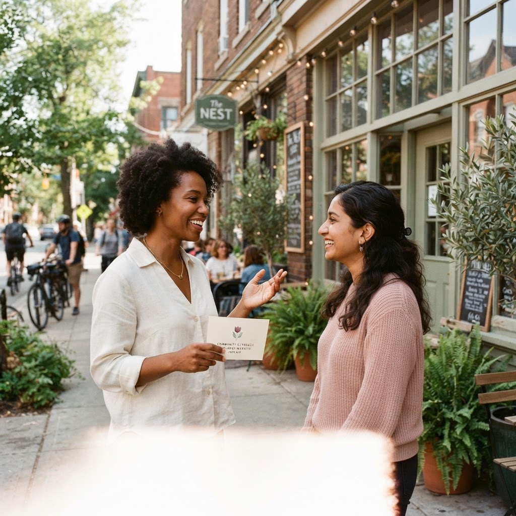 Concept image of a Tuly outreach conversation on a neighborhood sidewalk.