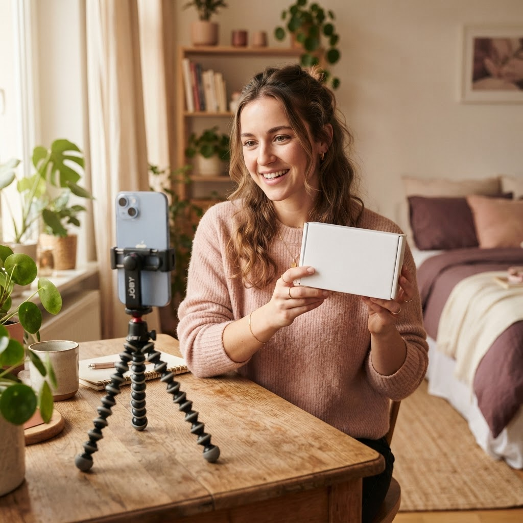 Concept image of a woman creator filming herself with a phone in a sunlit room.