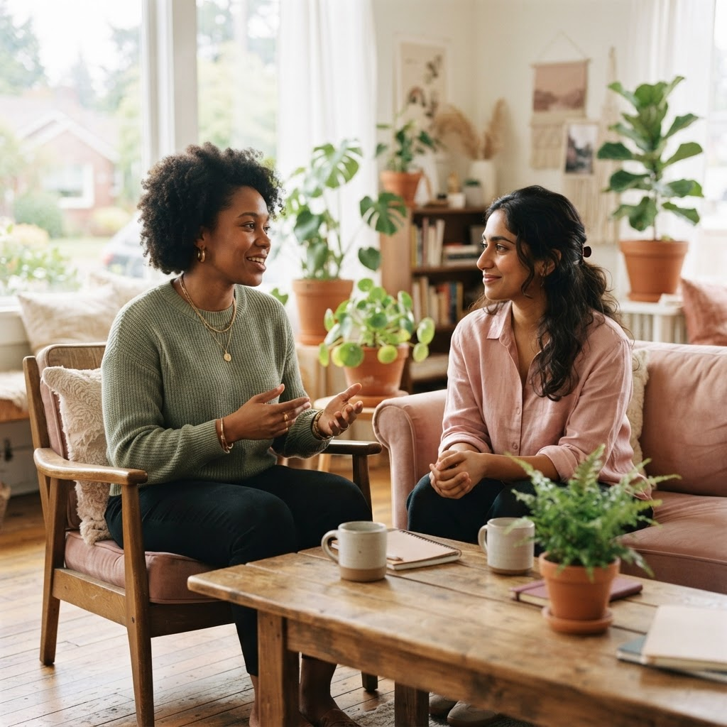 Concept image of two women in a supportive, attentive conversation