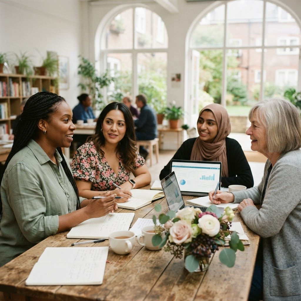 Concept image of a group planning together around a bright table