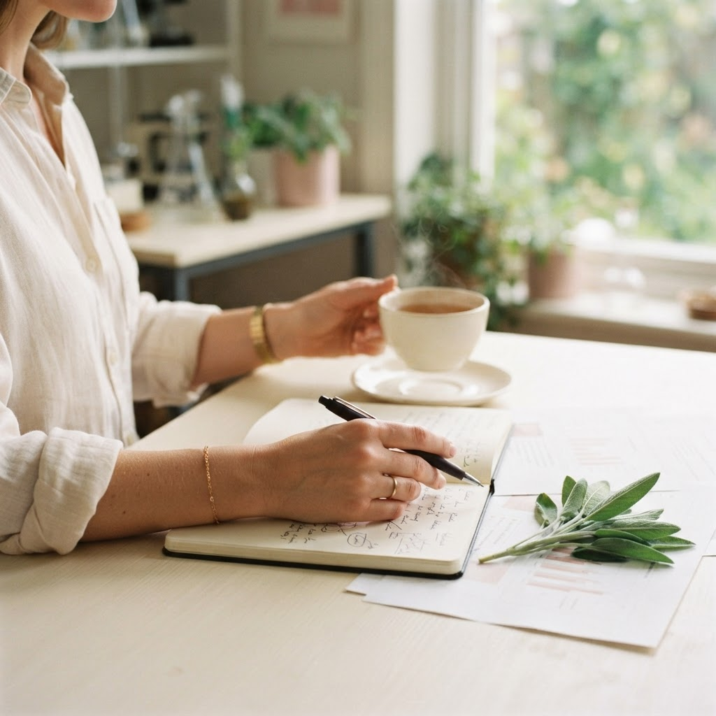 Concept image of hands reviewing printed research notes beside a cup of tea