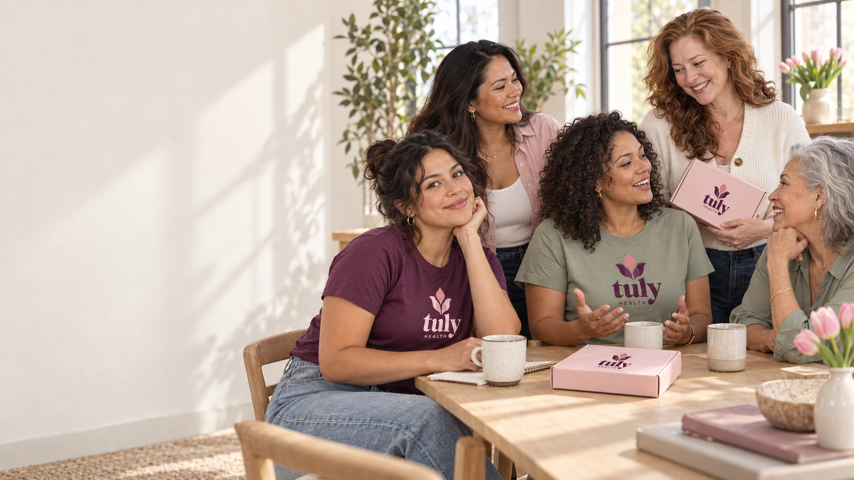 Tuly brand photography: friends talking together outdoors. Models shown, not actual members.