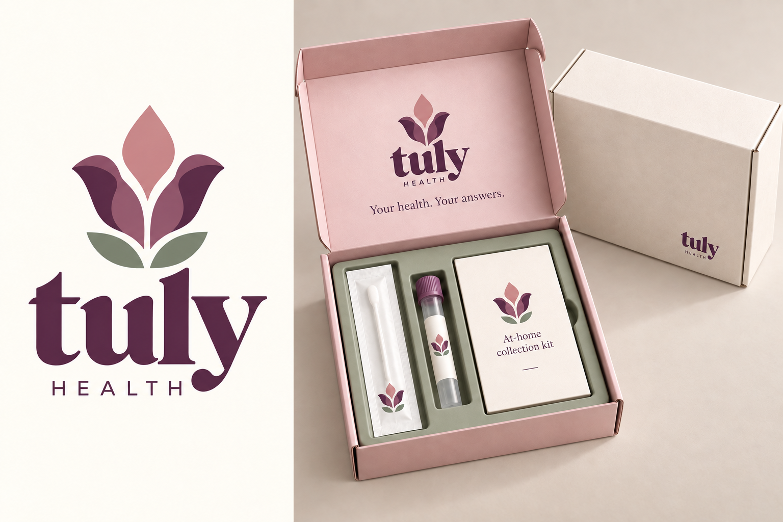 Tuly Health at-home collection kit with swab and vial, shown in official brand photography.