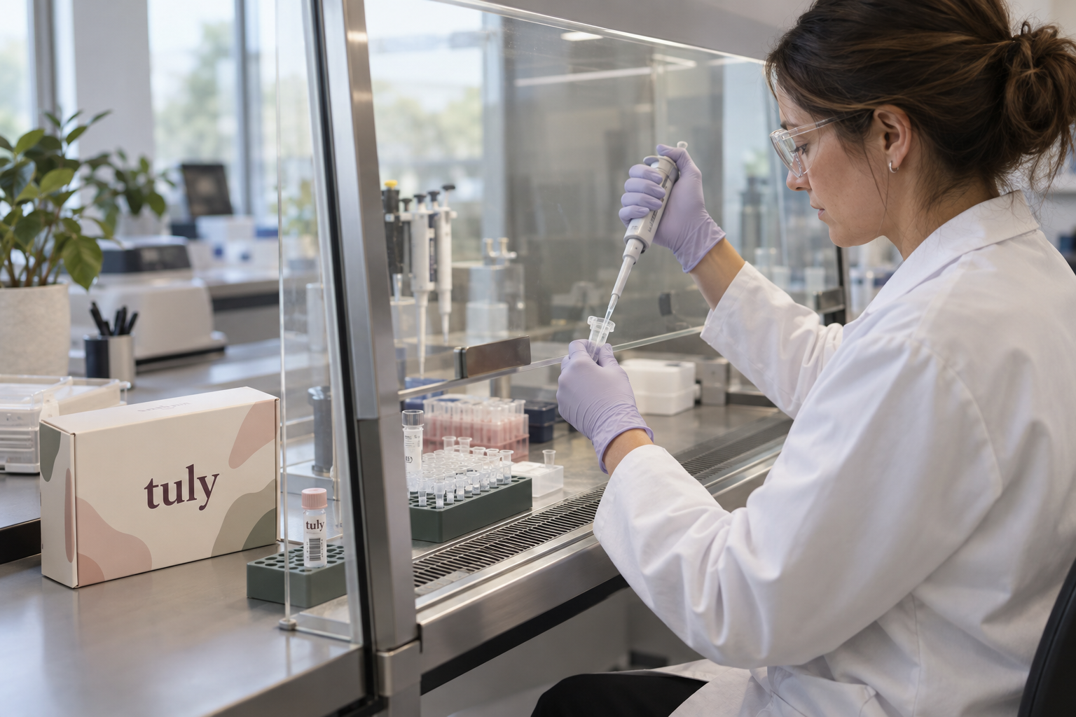 A scientist in a lab coat and gloves pipetting samples beside a Tuly kit and collection vial. Illustrative of the planned lab partnership — lab partner not yet confirmed.