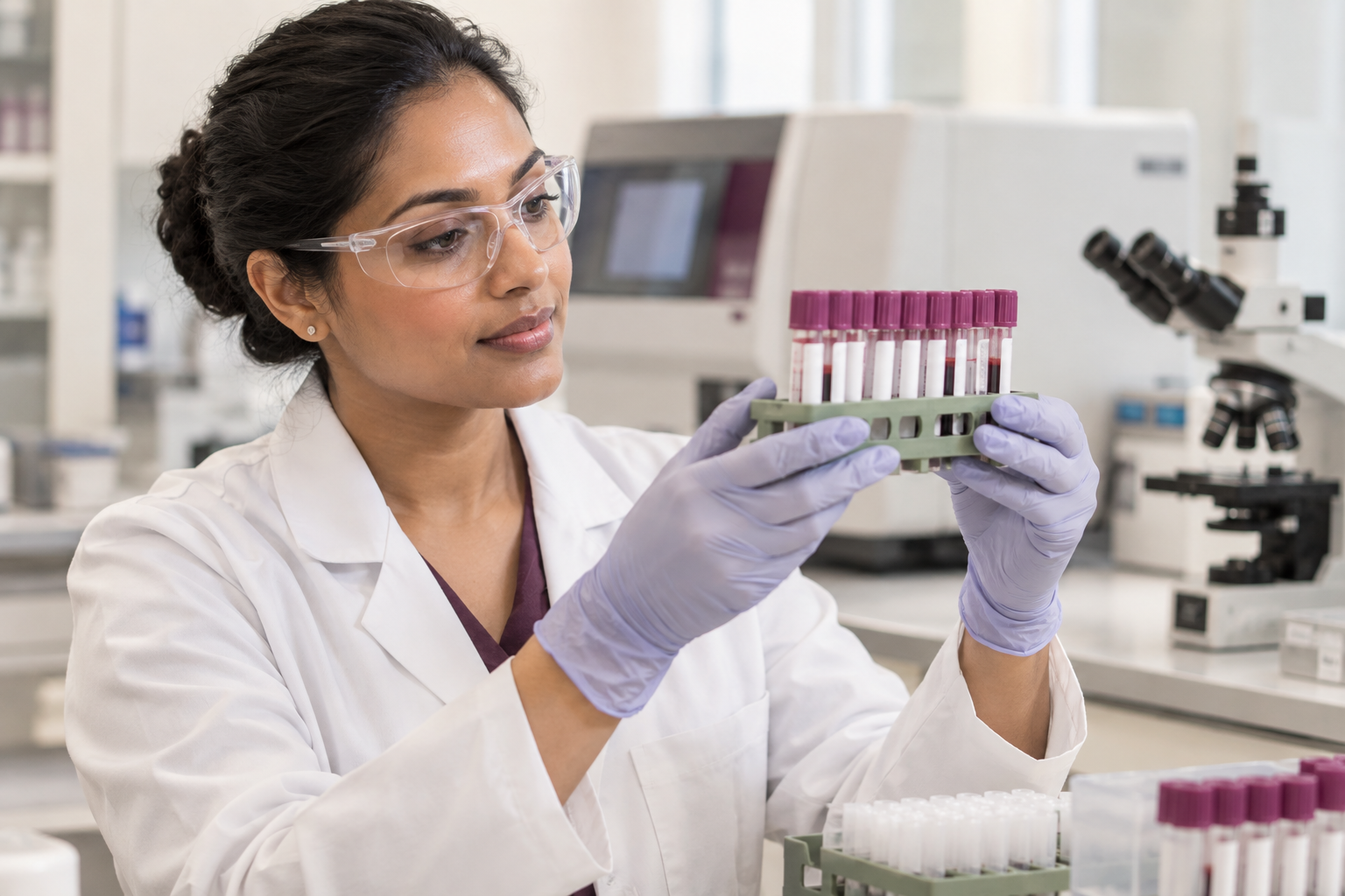 A laboratory scientist in a coat, safety glasses, and gloves reviewing a rack of sample tubes.