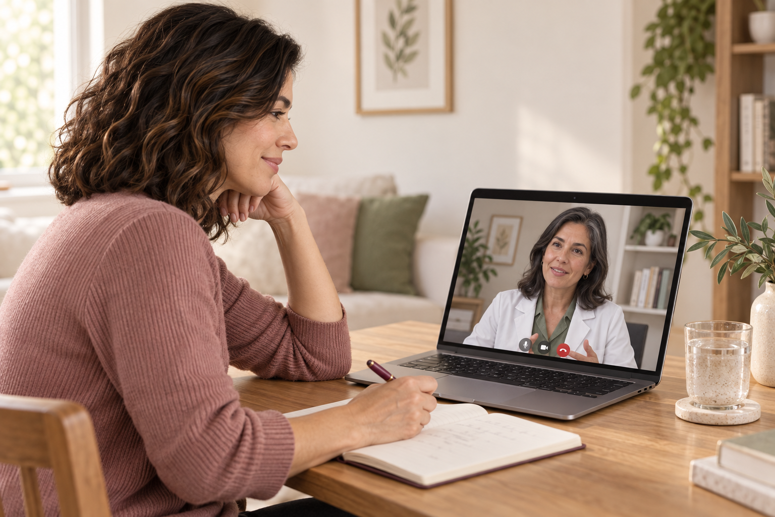 Illustrative video consultation on a laptop between a person and a clinician.